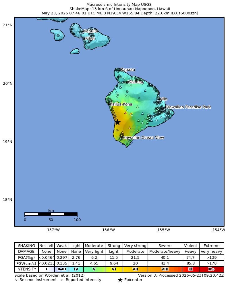 USGS ShakeMap intensity contours for the M6.0 earthquake near 13 km S of Honaunau-Napoopoo, Hawaii