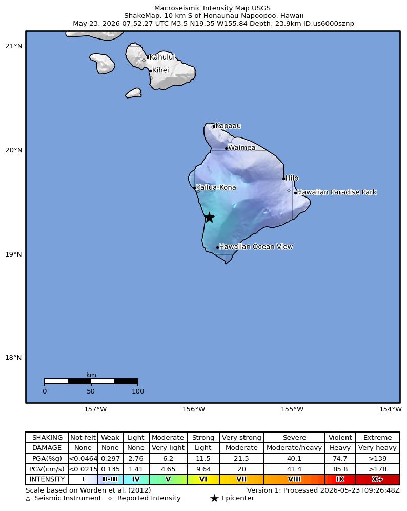 USGS ShakeMap intensity contours for the M3.2 earthquake near 10 km S of Honaunau-Napoopoo, Hawaii