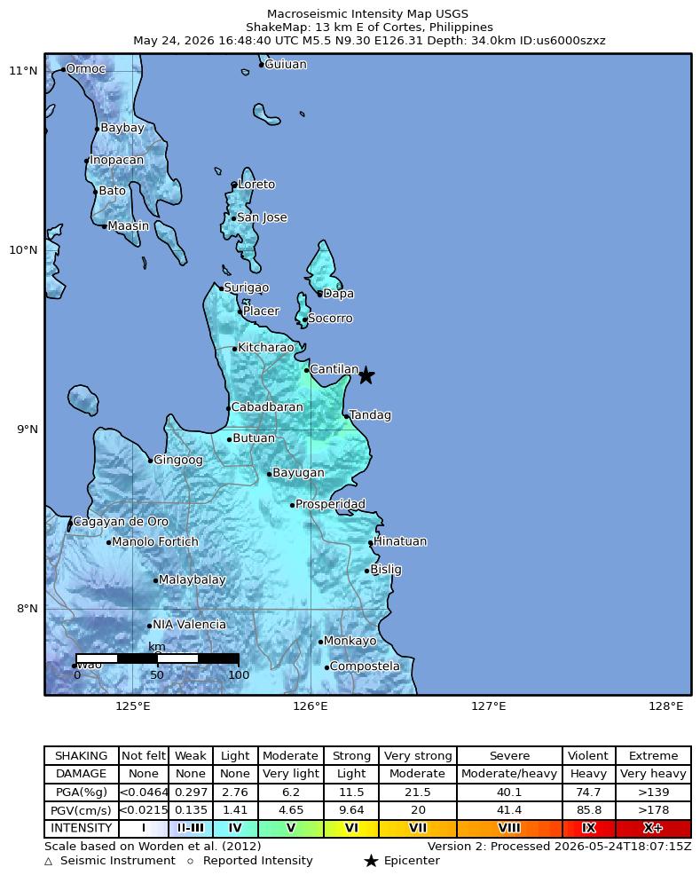 USGS ShakeMap intensity contours for the M5.5 earthquake near 13 km E of Cortes, Philippines