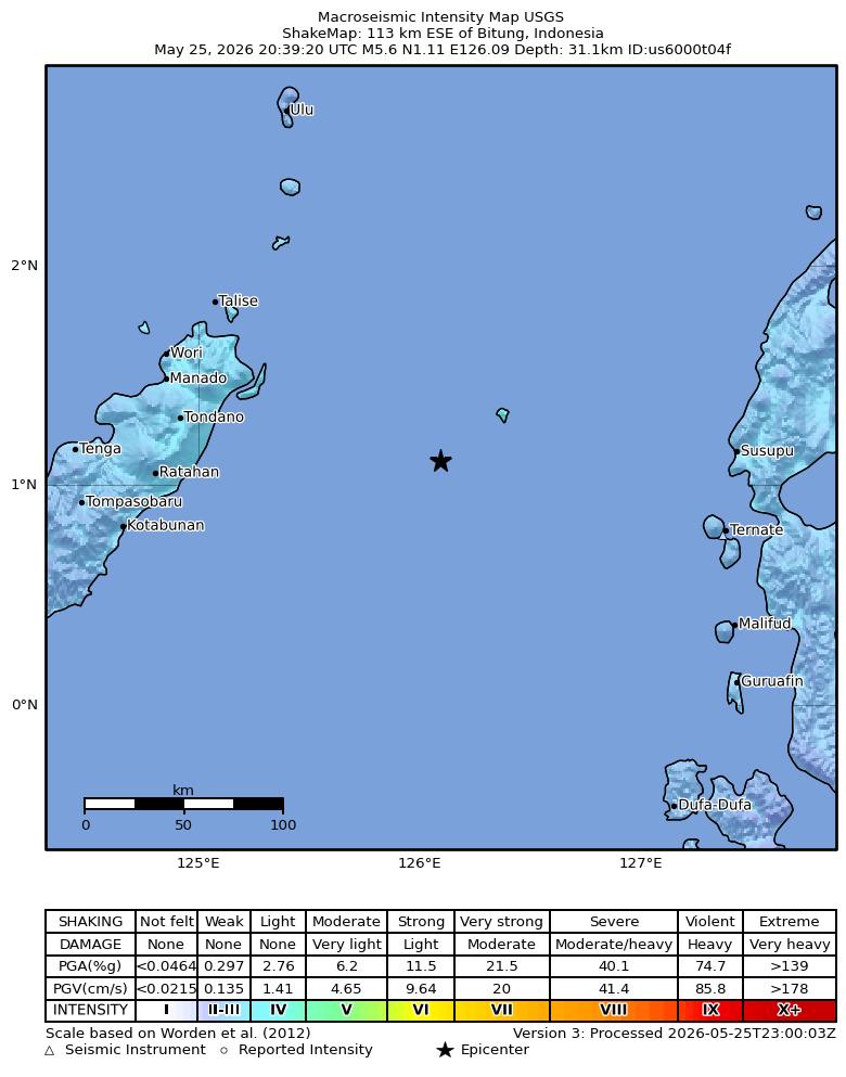 USGS ShakeMap intensity contours for the M5.6 earthquake near 113 km ESE of Bitung, Indonesia
