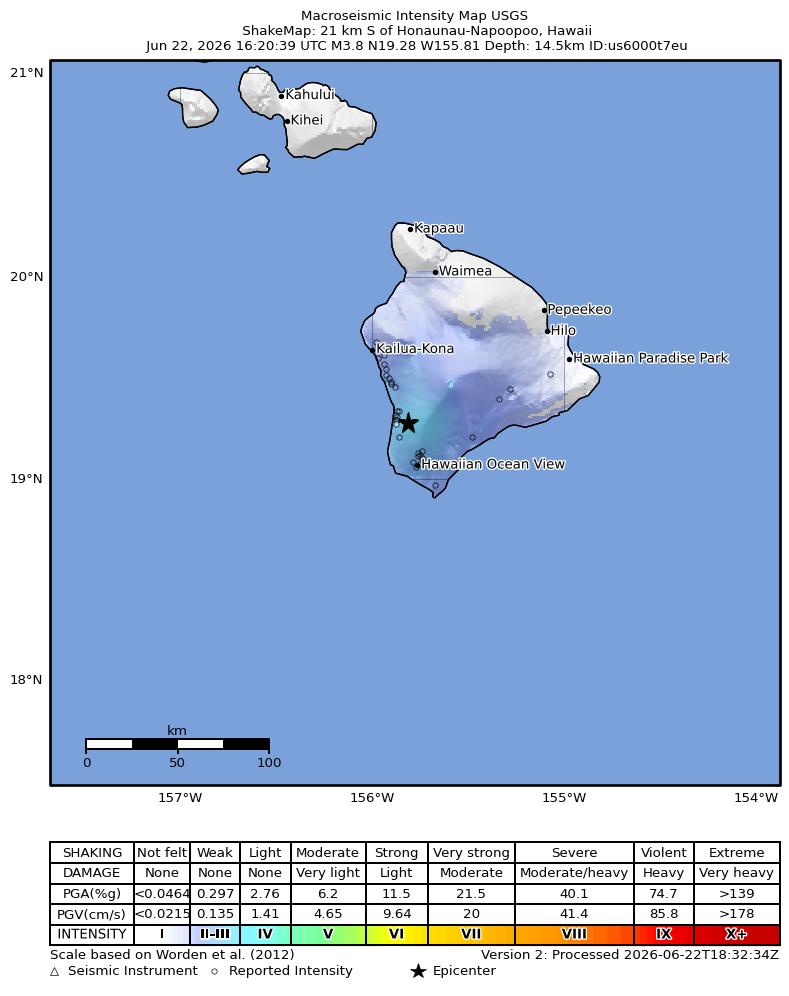 USGS ShakeMap intensity contours for the M3.8 earthquake near 21 km S of Honaunau-Napoopoo, Hawaii