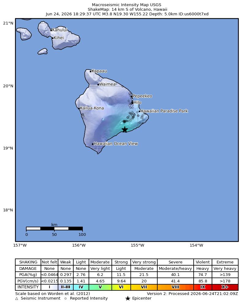 USGS ShakeMap intensity contours for the M3.6 earthquake near 14 km S of Volcano, Hawaii