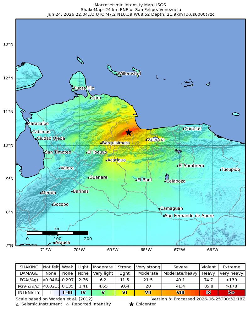 USGS ShakeMap intensity contours for the M7.2 earthquake near 24 km ENE of San Felipe, Venezuela