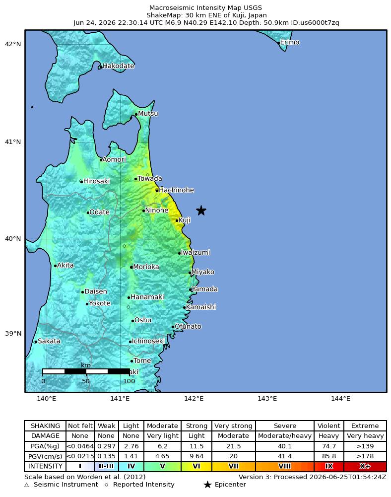 USGS ShakeMap intensity contours for the M6.9 earthquake near 30 km ENE of Kuji, Japan