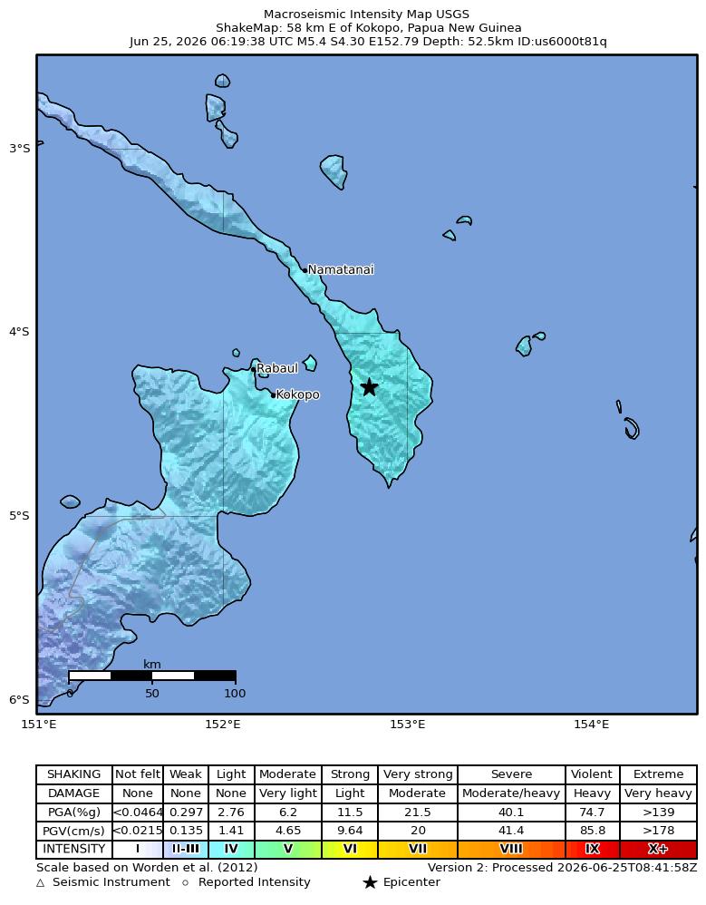 USGS ShakeMap intensity contours for the M5.4 earthquake near 58 km E of Kokopo, Papua New Guinea