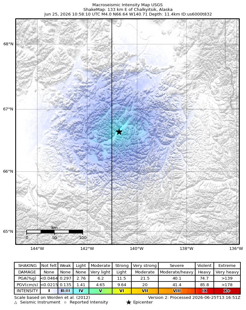 USGS ShakeMap intensity contours for the M4.0 earthquake near 133 km E of Chalkyitsik, Alaska