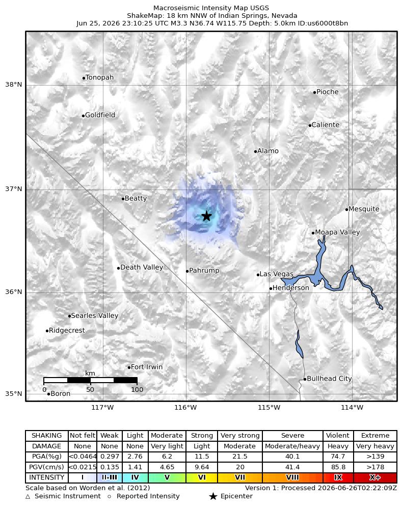 USGS ShakeMap intensity contours for the M3.5 earthquake near 18 km NNW of Indian Springs, Nevada
