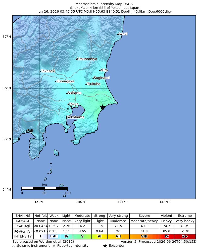 USGS ShakeMap intensity contours for the M5.8 earthquake near 3 km SE of Yokoshiba, Japan