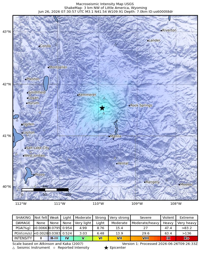 USGS ShakeMap intensity contours for the M3.3 earthquake near 3 km NW of Little America, Wyoming