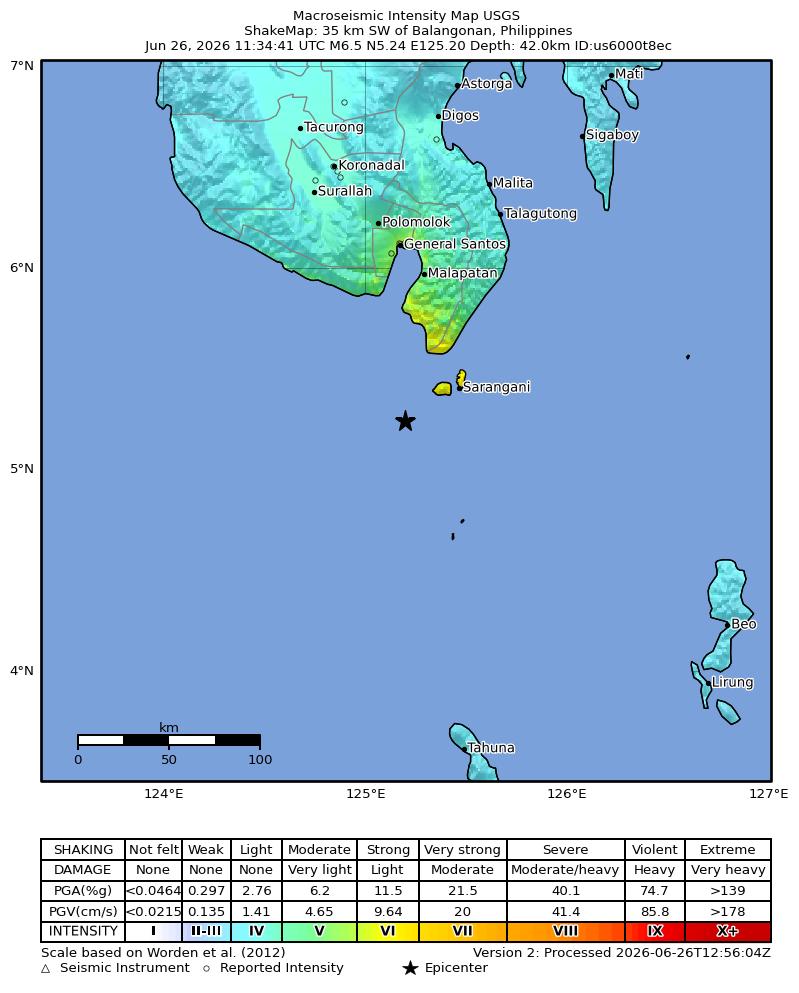 USGS ShakeMap intensity contours for the M6.5 earthquake near 34 km WSW of Sarangani, Philippines