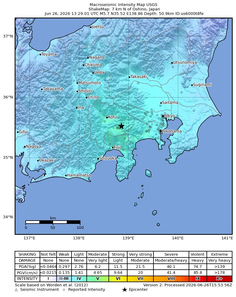 USGS ShakeMap intensity contours for the M5.7 earthquake near 7 km N of Oshino, Japan