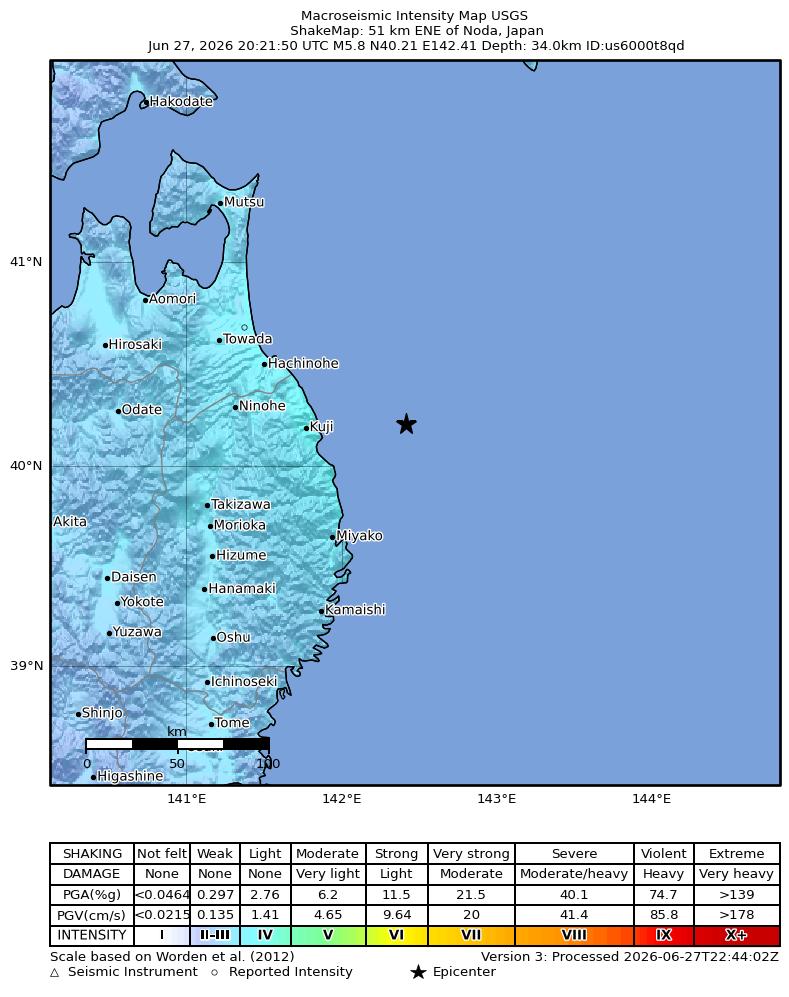 USGS ShakeMap intensity contours for the M5.8 earthquake near 51 km ENE of Noda, Japan