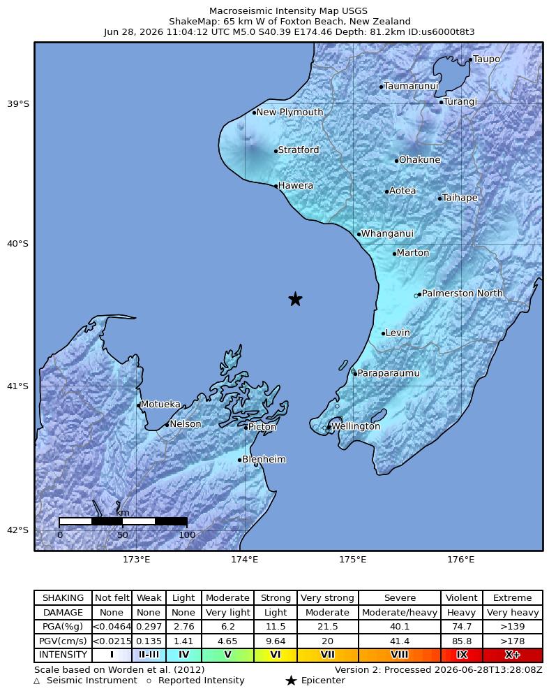 USGS ShakeMap intensity contours for the M5.0 earthquake near 65 km W of Foxton Beach, New Zealand