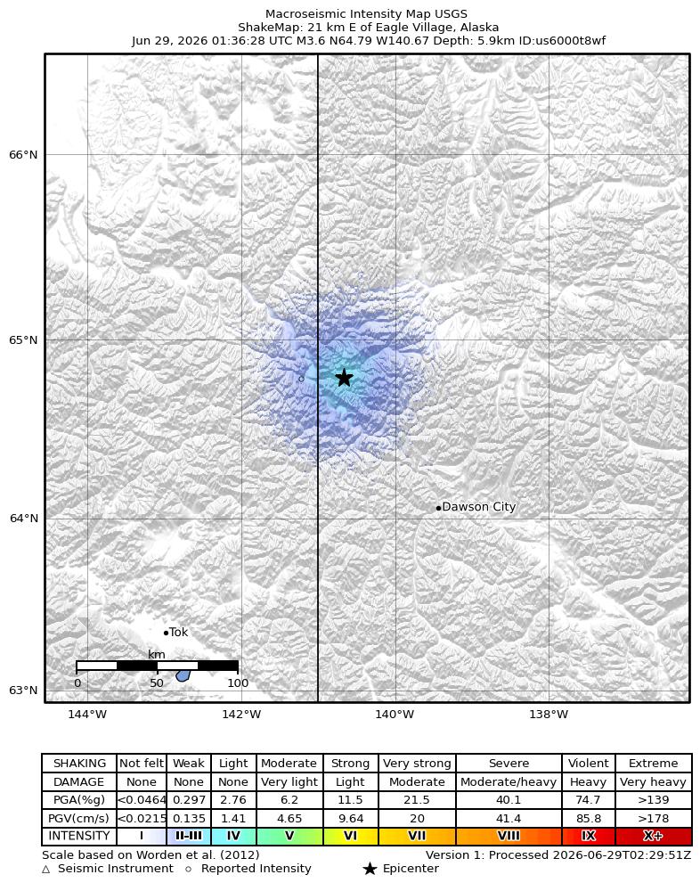 USGS ShakeMap intensity contours for the M3.6 earthquake near 21 km E of Eagle Village, Alaska