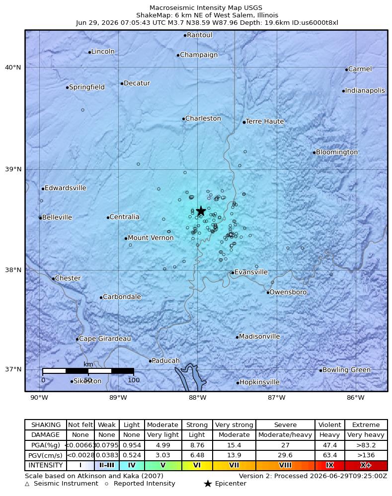 USGS ShakeMap intensity contours for the M3.5 earthquake near 6 km NE of West Salem, Illinois