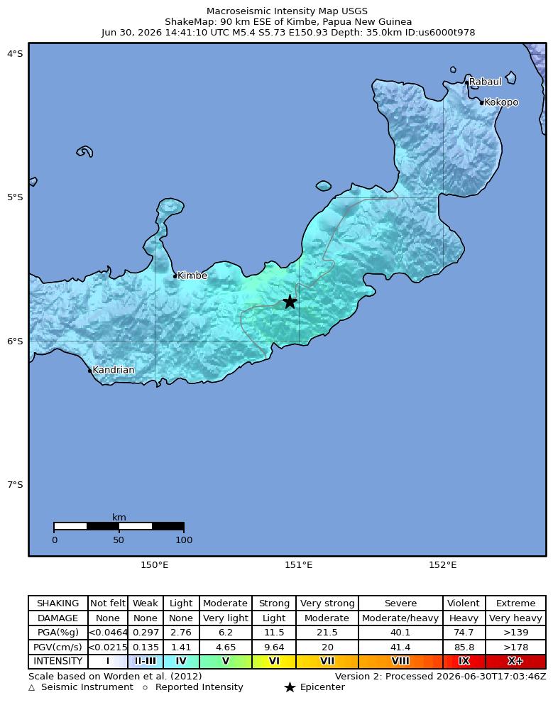 USGS ShakeMap intensity contours for the M5.4 earthquake near 90 km ESE of Kimbe, Papua New Guinea