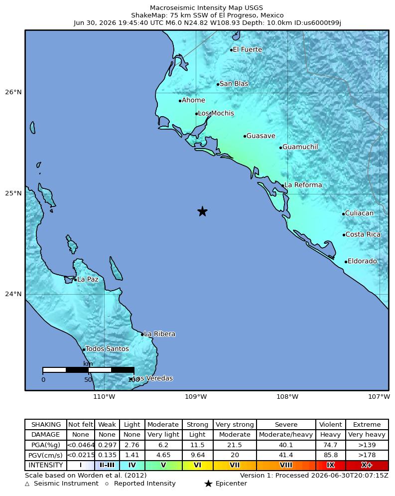 USGS ShakeMap intensity contours for the M6.0 earthquake near 75 km SSW of El Progreso, Mexico