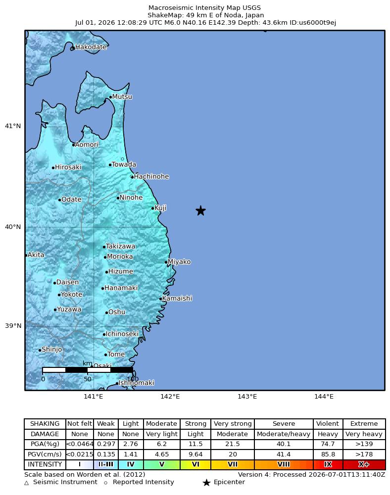USGS ShakeMap intensity contours for the M6.0 earthquake near 49 km E of Noda, Japan