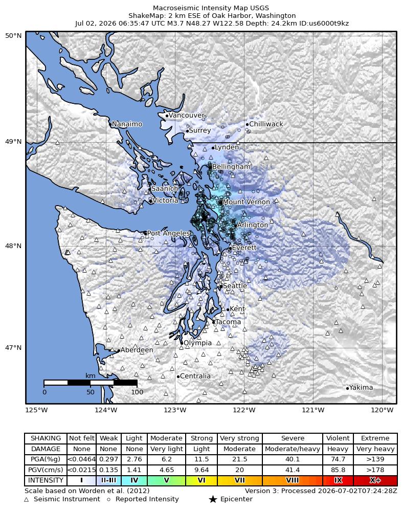 USGS ShakeMap intensity contours for the M3.8 earthquake near 2 km ESE of Oak Harbor, Washington