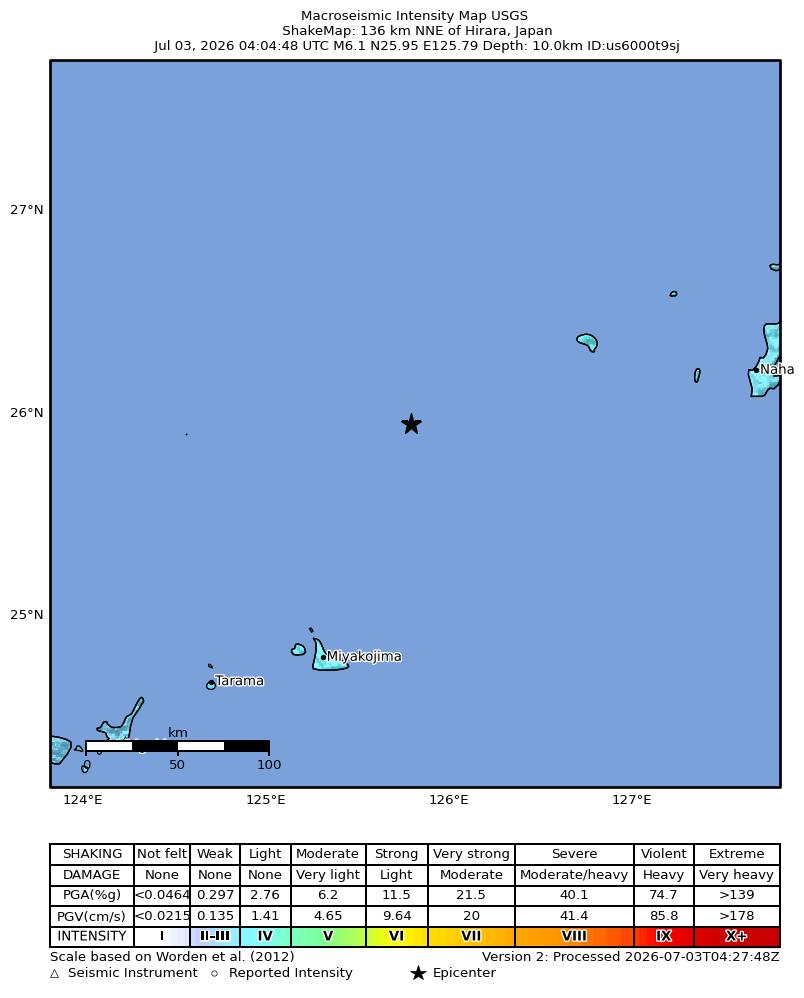 USGS ShakeMap intensity contours for the M6.1 earthquake near 136 km NNE of Hirara, Japan