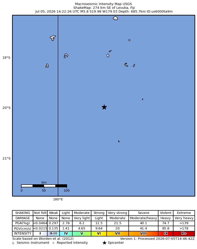 USGS ShakeMap intensity contours for the M5.8 earthquake near 274 km SE of Levuka, Fiji