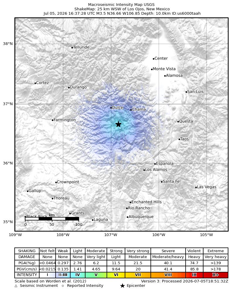 USGS ShakeMap intensity contours for the M3.5 earthquake near 25 km WSW of Los Ojos, New Mexico