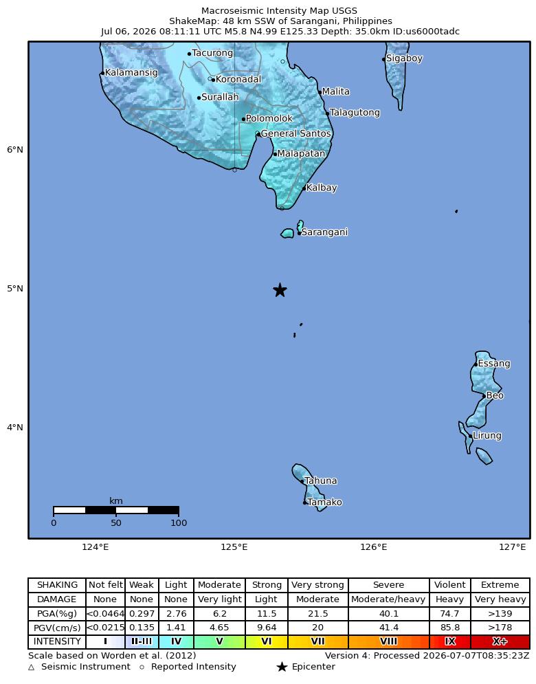 USGS ShakeMap intensity contours for the M5.8 earthquake near 48 km SSW of Sarangani, Philippines
