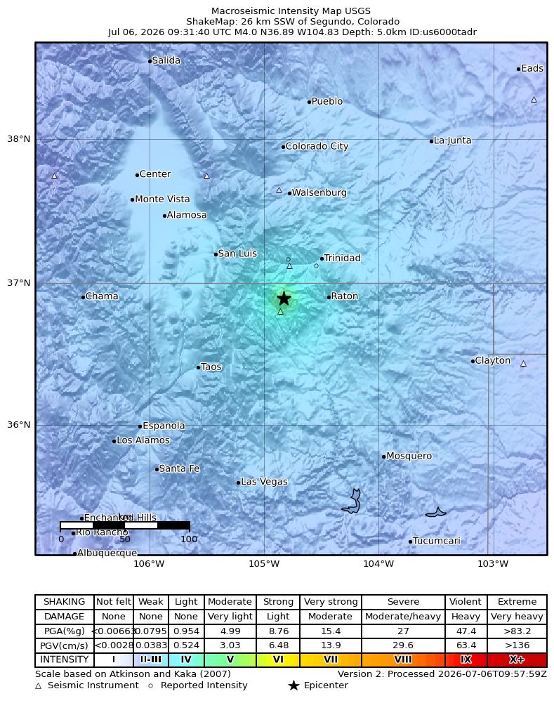 USGS ShakeMap intensity contours for the M4.0 earthquake near 26 km SSW of Segundo, Colorado