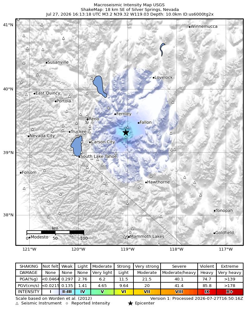 USGS ShakeMap intensity contours for the M3.4 earthquake near 18 km SE of Silver Springs, Nevada