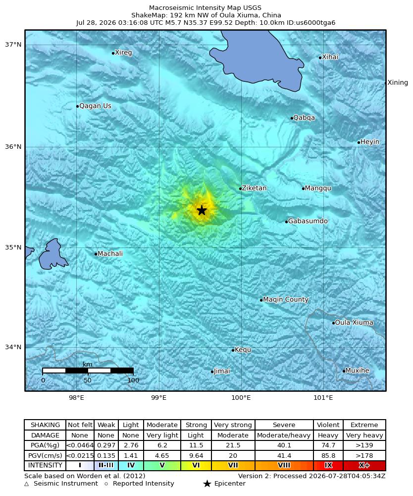USGS ShakeMap intensity contours for the M5.7 earthquake near 192 km NW of Oula Xiuma, China