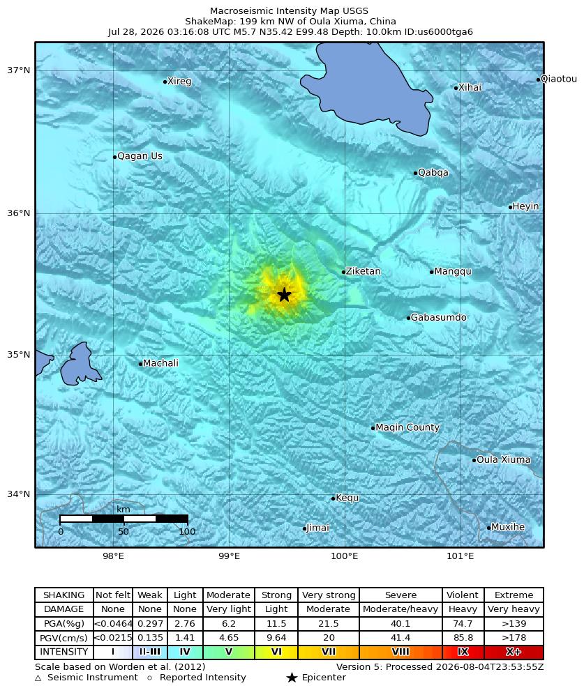 USGS ShakeMap intensity contours for the M5.7 earthquake near 199 km NW of Oula Xiuma, China