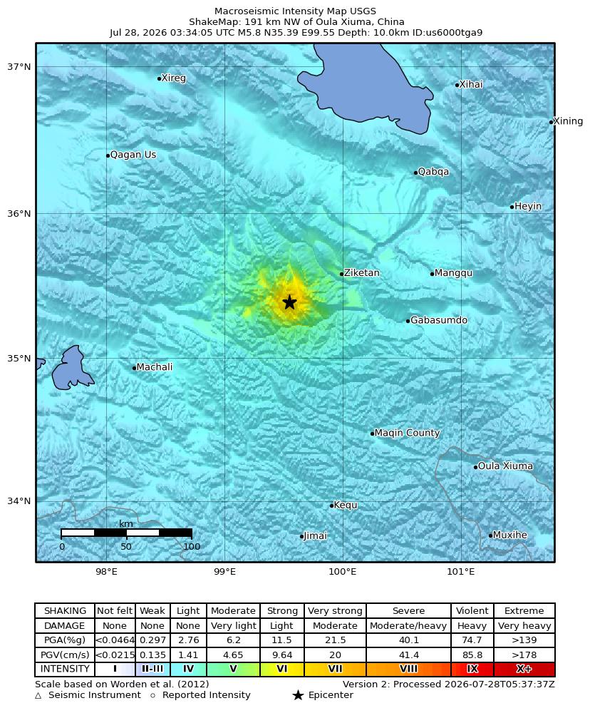 USGS ShakeMap intensity contours for the M5.8 earthquake near 191 km NW of Oula Xiuma, China
