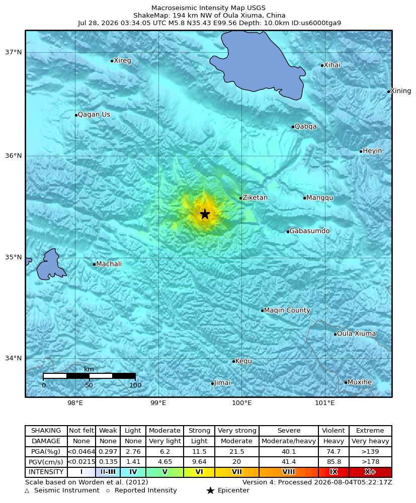 USGS ShakeMap intensity contours for the M5.8 earthquake near 194 km NW of Oula Xiuma, China