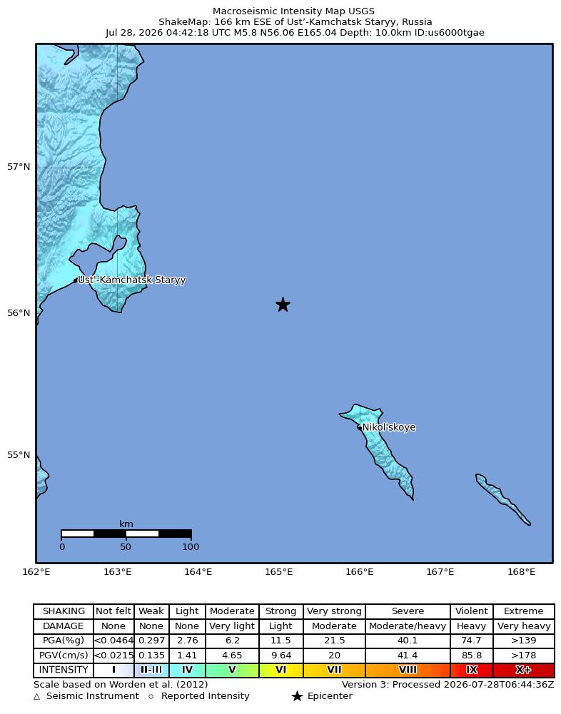 USGS ShakeMap intensity contours for the M5.8 earthquake near 160 km E of Ust’-Kamchatsk Staryy, Russia