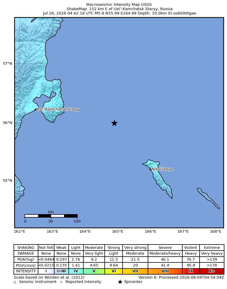 USGS ShakeMap intensity contours for the M5.8 earthquake near 152 km E of Ust’-Kamchatsk Staryy, Russia