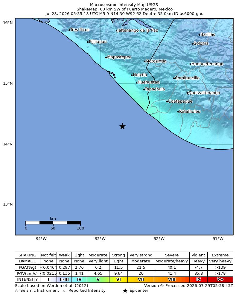 USGS ShakeMap intensity contours for the M5.9 earthquake near 50 km WSW of Brisas Barra de Suchiate, Mexico