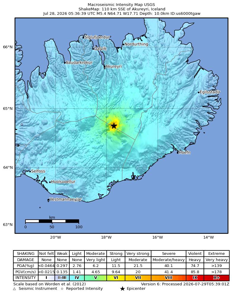 USGS ShakeMap intensity contours for the M5.4 earthquake near 109 km S of Akureyri, Iceland