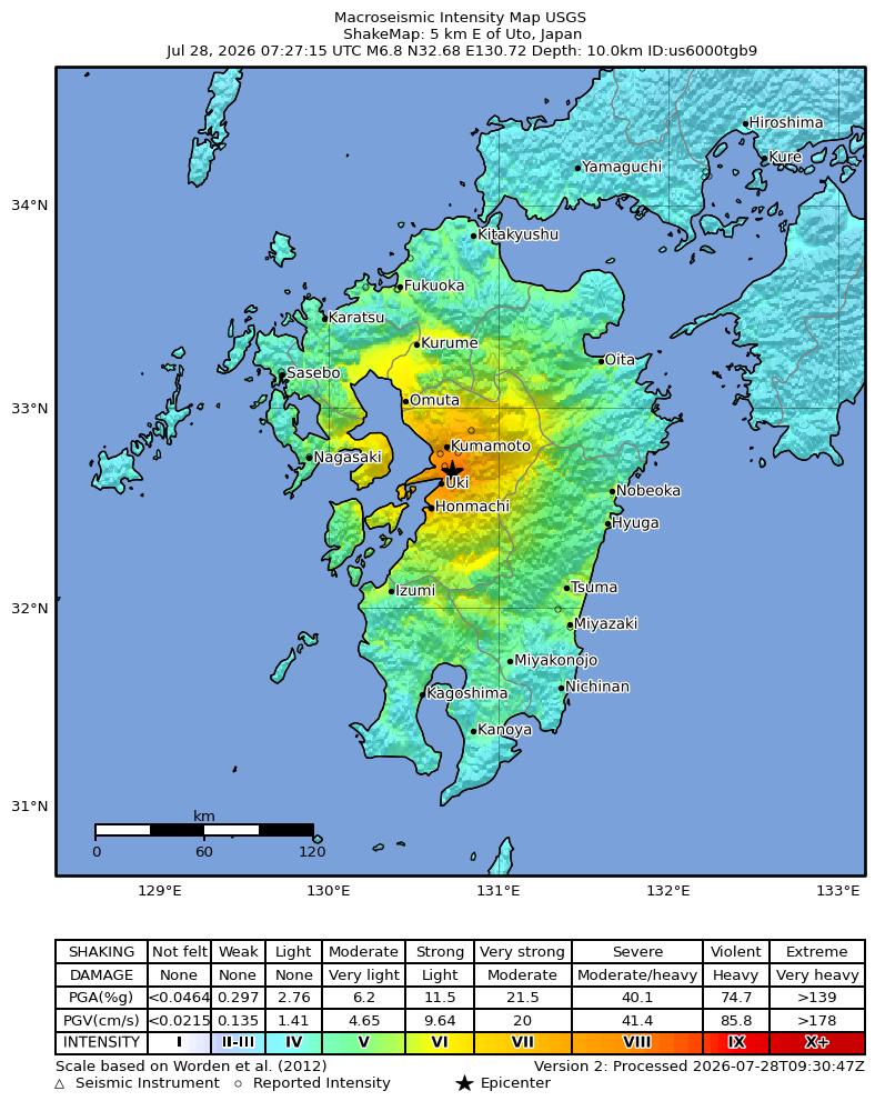 USGS ShakeMap intensity contours for the M6.8 earthquake near 5 km E of Uto, Japan