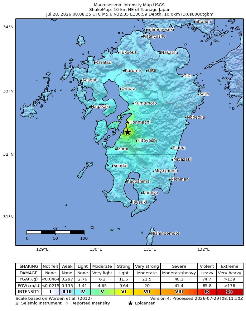 USGS ShakeMap intensity contours for the M5.6 earthquake near 16 km NE of Tsunagi, Japan