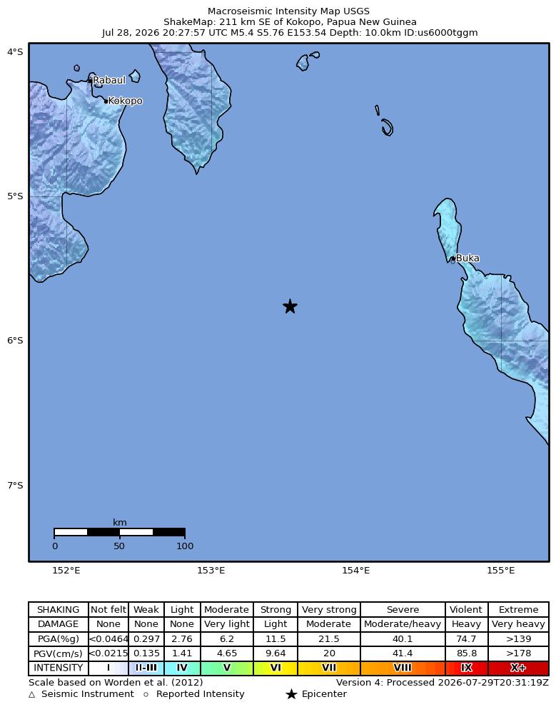 USGS ShakeMap intensity contours for the M5.4 earthquake near 211 km SE of Kokopo, Papua New Guinea