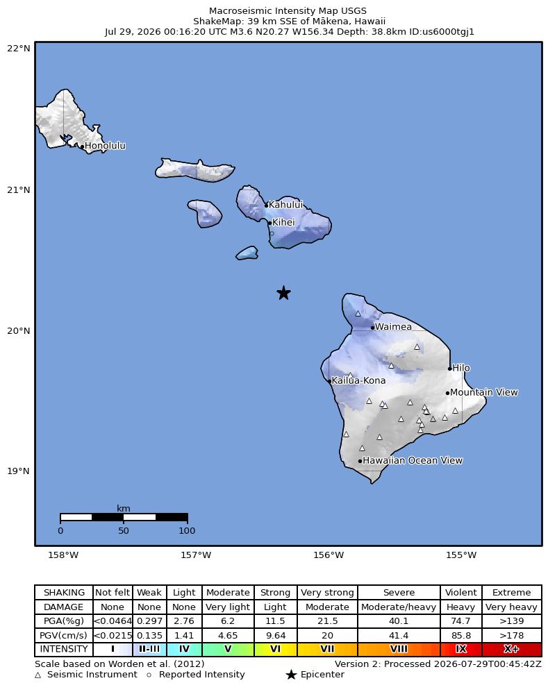 USGS ShakeMap intensity contours for the M3.6 earthquake near 39 km SSE of Mākena, Hawaii
