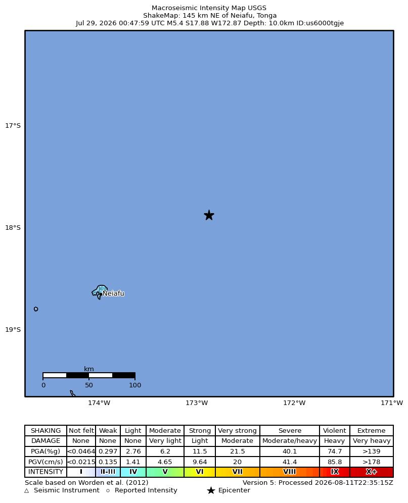 USGS ShakeMap intensity contours for the M5.4 earthquake near 145 km NE of Neiafu, Tonga