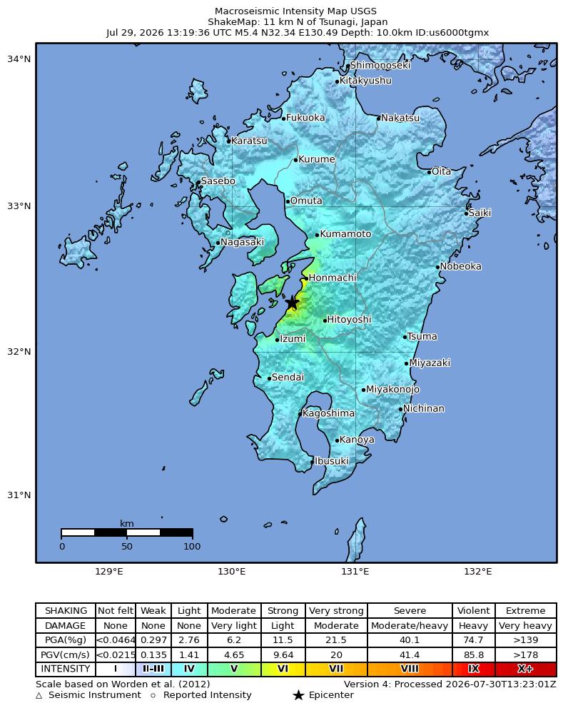 USGS ShakeMap intensity contours for the M5.4 earthquake near 11 km N of Tsunagi, Japan