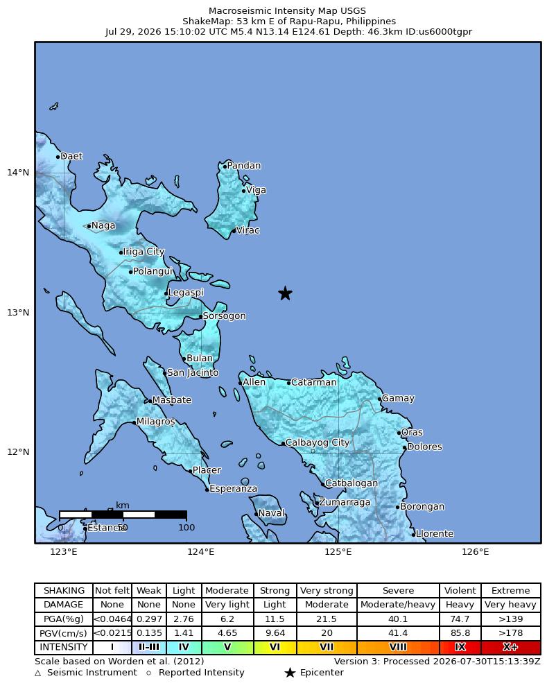 USGS ShakeMap intensity contours for the M5.4 earthquake near 53 km E of Rapu-Rapu, Philippines