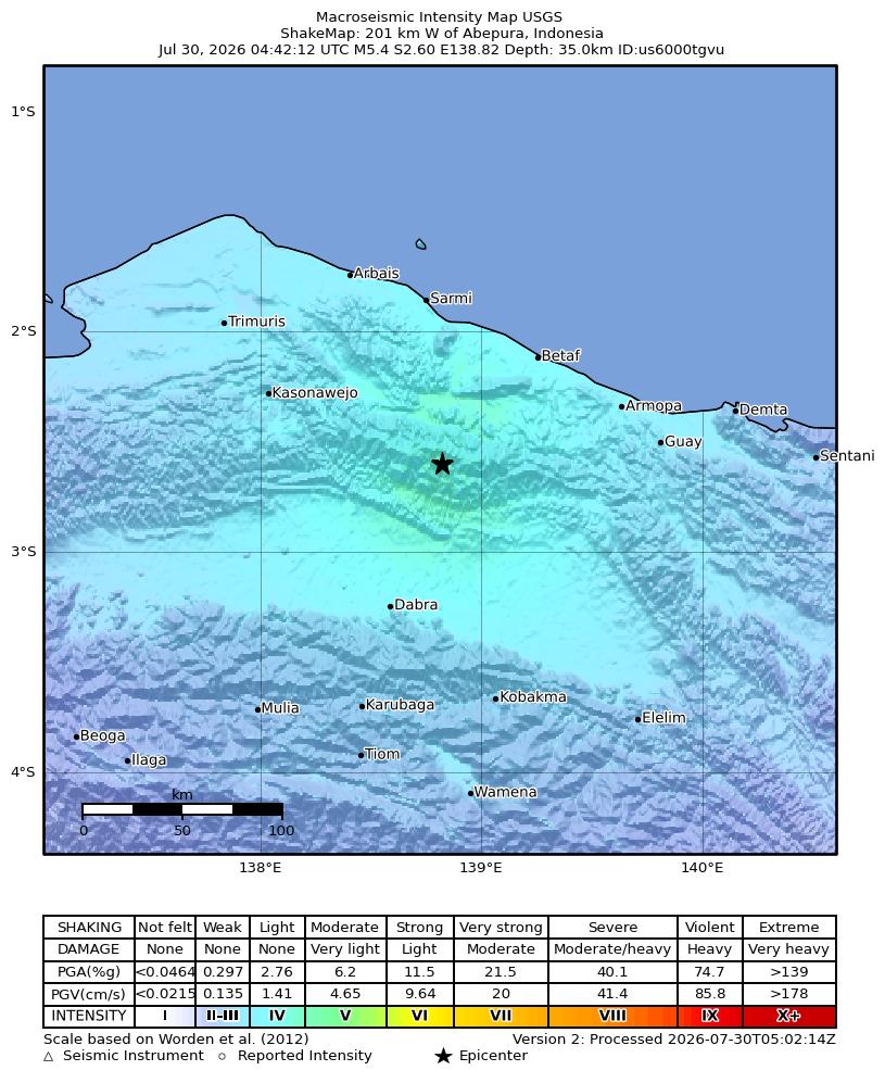 USGS ShakeMap intensity contours for the M5.4 earthquake near 201 km W of Abepura, Indonesia
