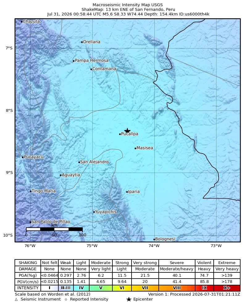 USGS ShakeMap intensity contours for the M5.6 earthquake near 13 km ENE of San Fernando, Peru