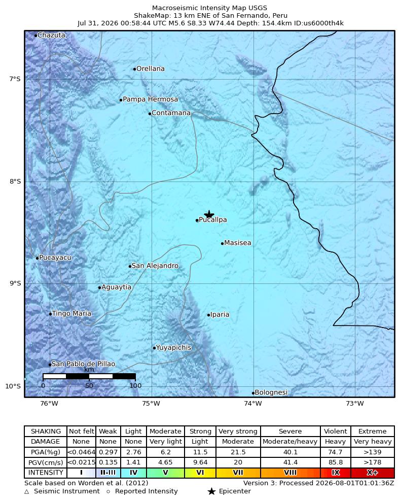 USGS ShakeMap intensity contours for the M5.6 earthquake near 13 km ENE of San Fernando, Peru