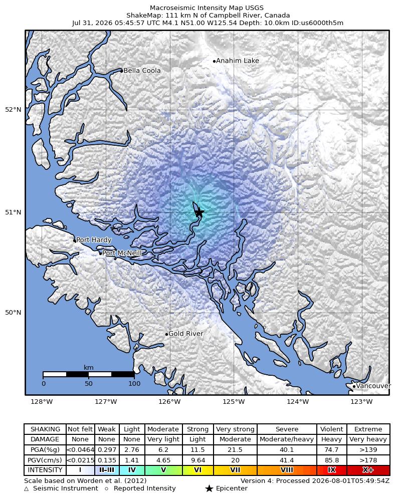 USGS ShakeMap intensity contours for the M4.1 earthquake near 111 km N of Campbell River, Canada