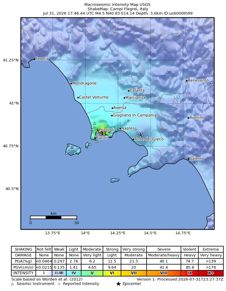 USGS ShakeMap intensity contours for the M4.5 earthquake near 0 km WNW of Torre Caracciolo, Italy