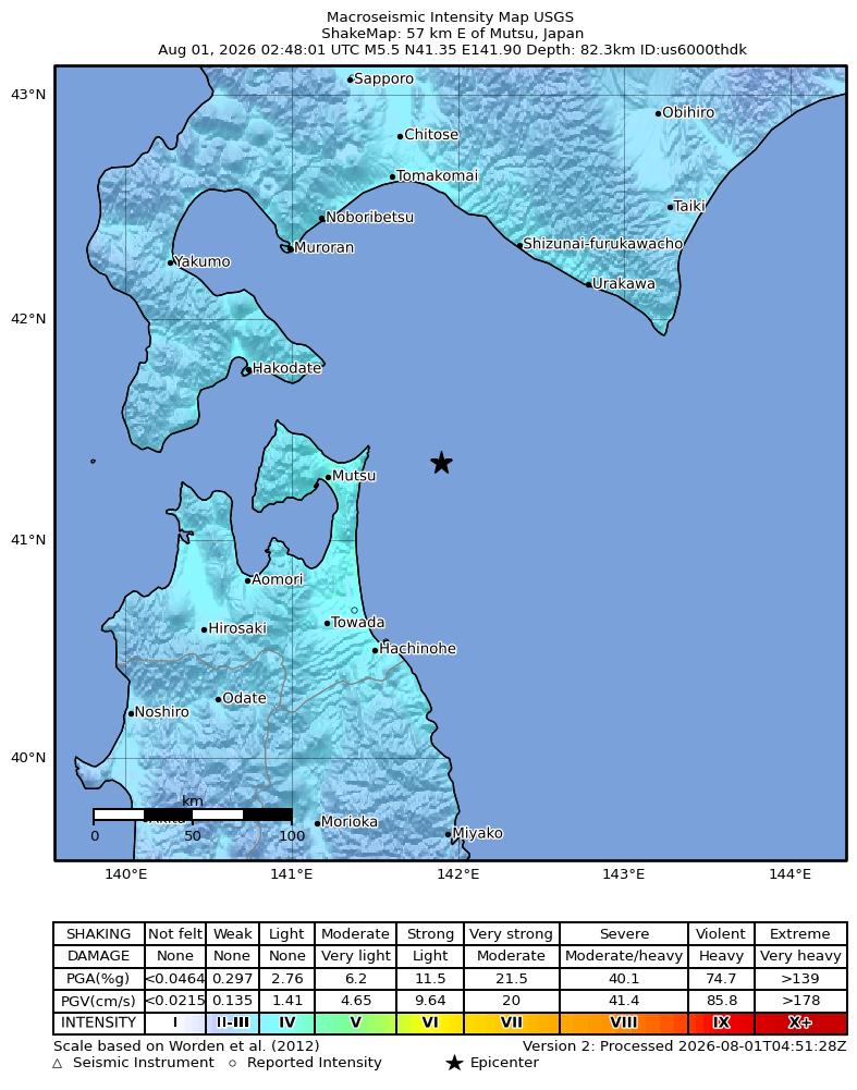 USGS ShakeMap intensity contours for the M5.5 earthquake near 57 km E of Mutsu, Japan
